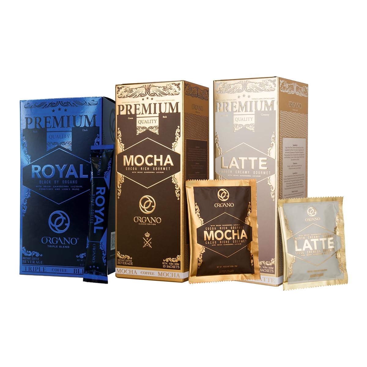 ORGANO Combo Pack, 1 box ROYAL Black Coffee, 1 box Cafe Latte and 1 Box Cafe Mocha 100% Certified Organic Gourmet Coffee 1 Organo Gold ORGANO Combo Pack, 1 box ROYAL Black Coffee, 1 box Cafe Latte and 1 Box Cafe Mocha 100% Certified Organic Gourmet Coffee