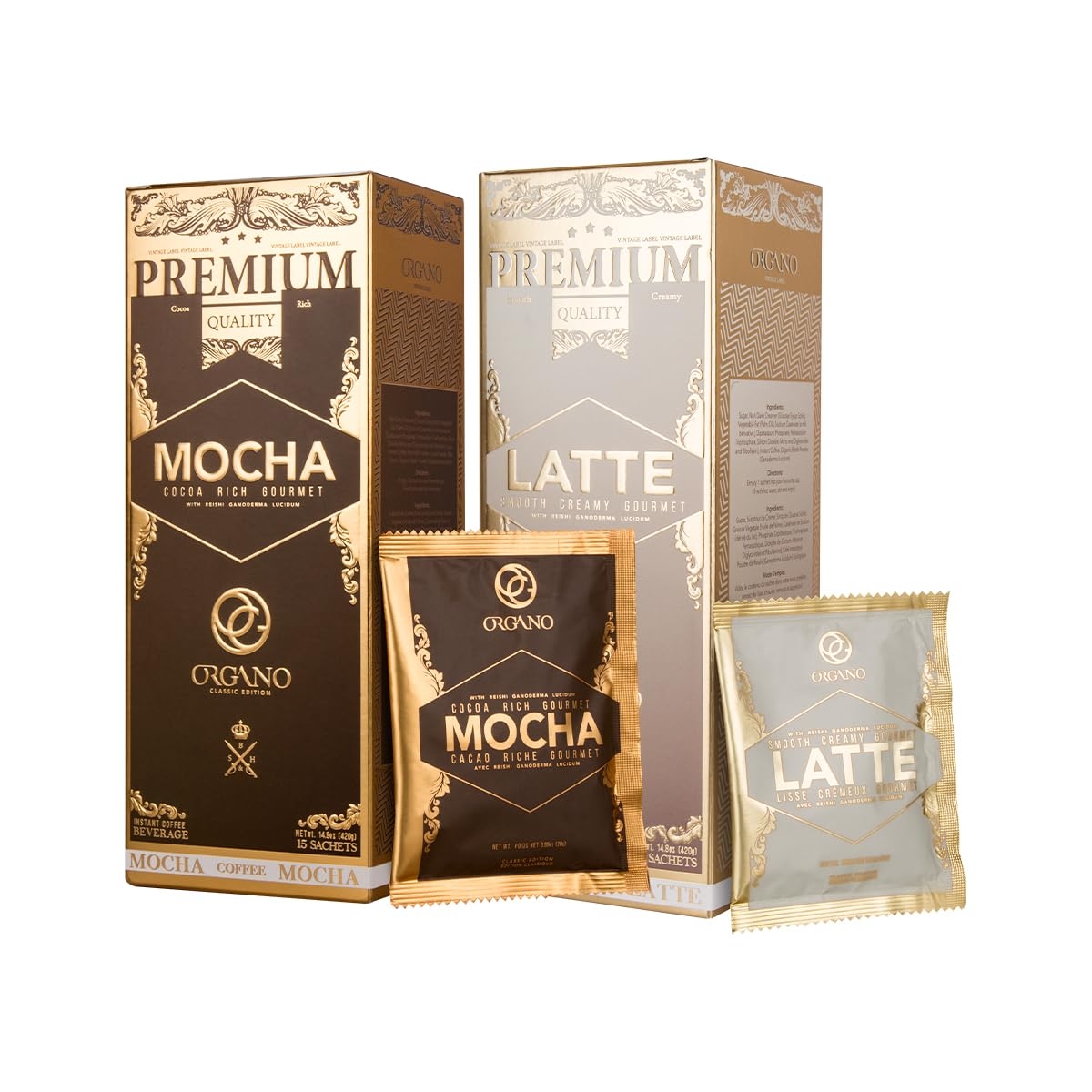 ORGANO Combo Pack, 1 box Cafe Latte and 1 Box Cafe Mocha 100% Certified Organic Gourmet Coffee 1 Organo Gold ORGANO Combo Pack, 1 box Cafe Latte and 1 Box Cafe Mocha 100% Certified Organic Gourmet Coffee