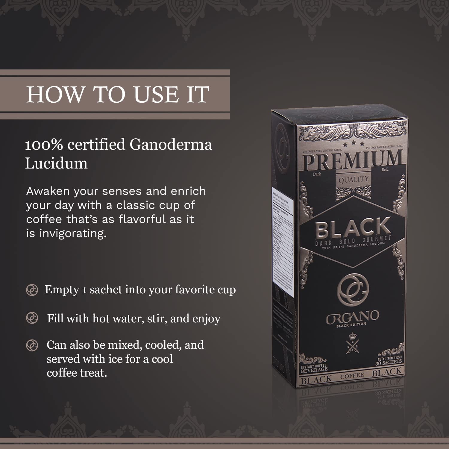 Organo Gourmet Black Ganoderma Coffee (1 Box of 30 Sachets)